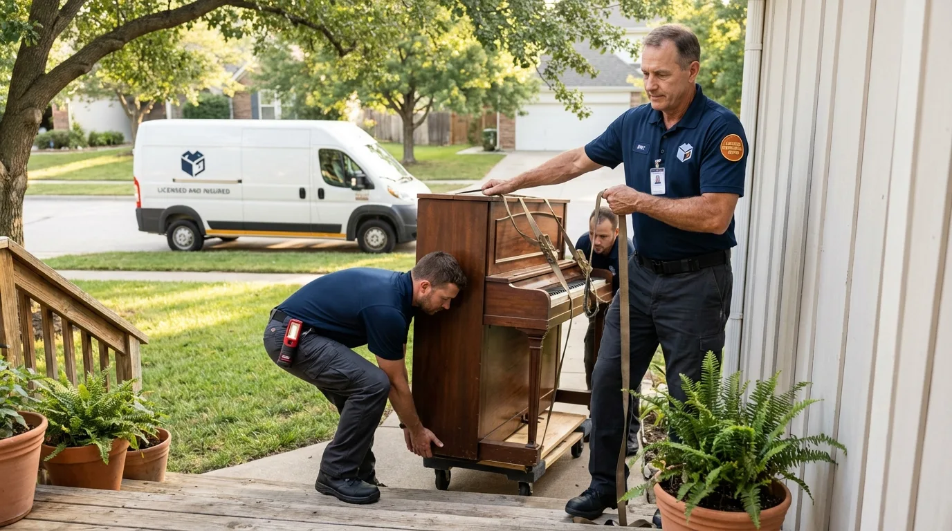 Licensed piano movers securing grand piano in Folsom, PA
