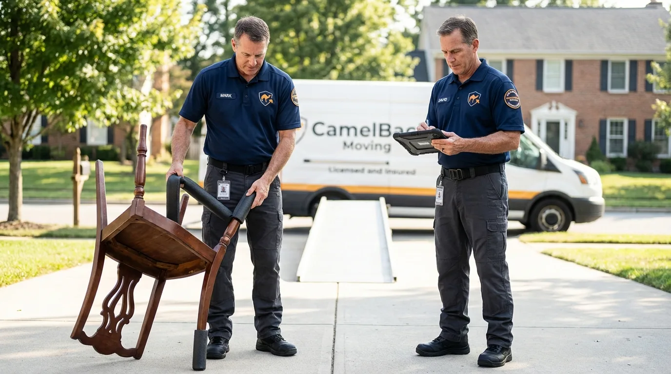 Movers inspecting furniture for damage prevention before loading in Folsom, PA