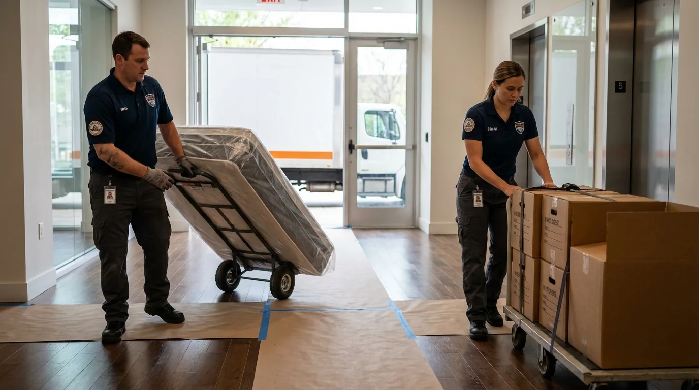 Professional apartment movers loading elevator in Folsom, PA